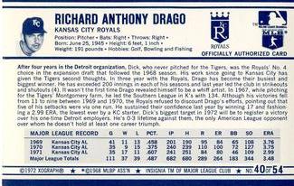 1972 Kellogg's 3-D Super Stars #40 Dick Drago  Back