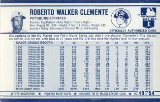 1972 Kellogg's 3-D Super Stars #49 Roberto Clemente  Back