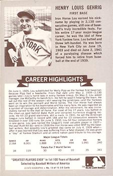 1972 Kellogg's 3-D All-Time Baseball Greats #13 Lou Gehrig  Back