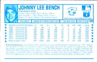 1974 Kellogg's 3-D Super Stars #28 Johnny Bench  Back