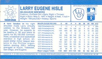 1980 Kellogg's 3-D Super Stars #22 Larry Hisle Back