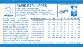 1980 Kellogg's 3-D Super Stars #29 Davey Lopes Back