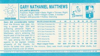 1980 Kellogg's 3-D Super Stars #48 Gary Matthews Back