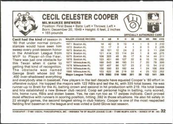 1981 Kellogg's 3-D Super Stars #32 Cecil Cooper Back