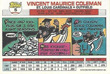 1988 Topps Big #5 Vince Coleman Back