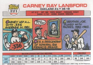 1988 Topps Big #221 Carney Lansford Back