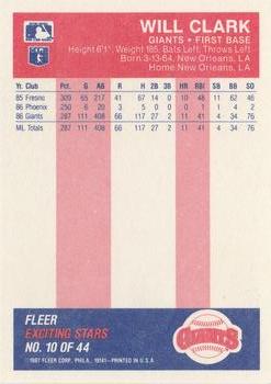 1987 Fleer Baseball's Exciting Stars #10 Will Clark Back