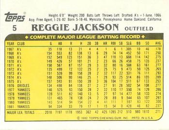 1982 Topps Squirt #5 Reggie Jackson Back