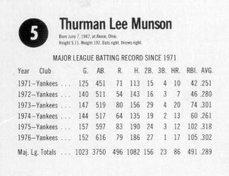 1977 Hostess #5 Thurman Munson Back