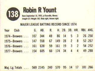 1978 Hostess #138 Robin Yount Back