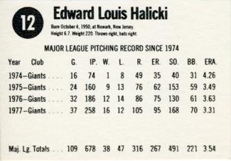 1978 Hostess #12 Ed Halicki Back