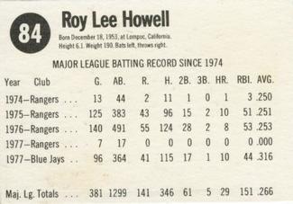 1978 Hostess #84 Roy Howell Back