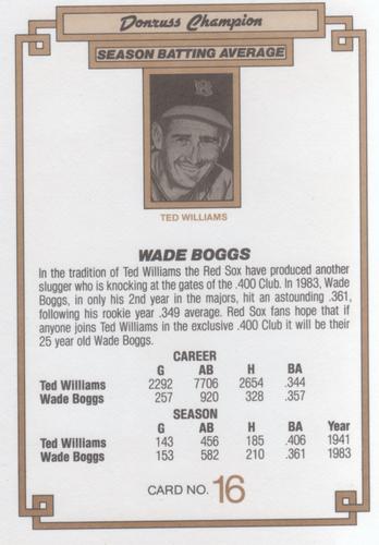 1984 Donruss Champions #16 Wade Boggs Back