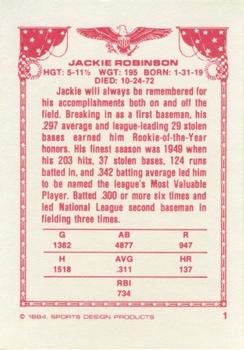 1984-85 Sports Design Products #1 Jackie Robinson Back