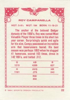 1984-85 Sports Design Products #22 Roy Campanella Back