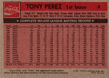 1981 Topps Coca-Cola Boston Red Sox #8 Tony Perez  Back