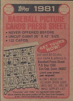 1981 Topps Coca-Cola Boston Red Sox #NNO Red Sox Ad Card  Back
