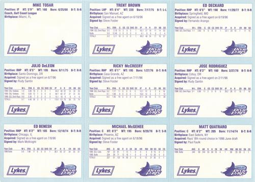1996 Tampa Bay Devil Rays A Team is Born - Panels #NNO Mike Tosar / Julio DeLeon / Ed Benesh / Trent Brown / Ricky McCreery / Micheal McGehee / Ed Deckard / Jose Rodriguez / Matt Quatraro Back