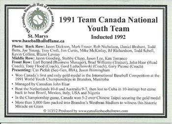 2002-23 Canadian Baseball Hall of Fame #113/12 1991 Team Canada National Youth Team Back