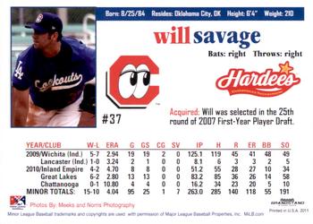 2011 Grandstand Chattanooga Lookouts #NNO Will Savage Back