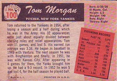 1955 Bowman #100 Tom Morgan Back