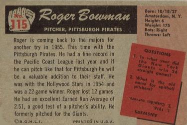 1955 Bowman #115 Roger Bowman Back