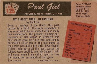 1955 Bowman #125 Paul Giel Back