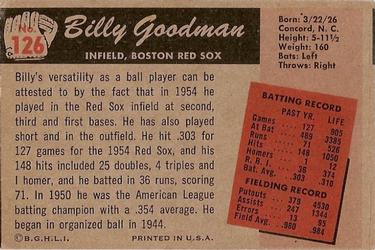 1955 Bowman #126 Billy Goodman Back