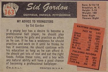 1955 Bowman #163 Sid Gordon Back