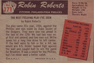 1955 Bowman #171 Robin Roberts Back