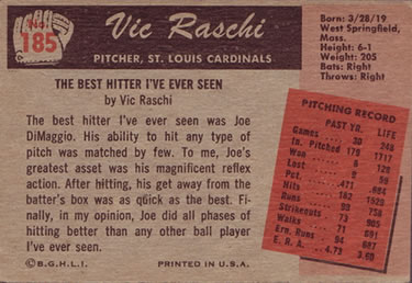 1955 Bowman #185 Vic Raschi Back