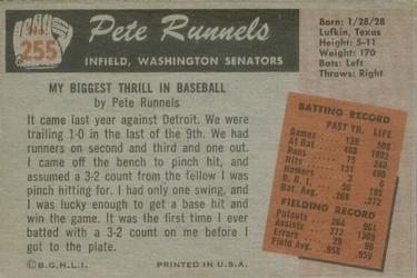 1955 Bowman #255 Pete Runnels Back