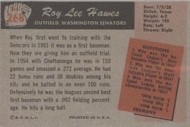 1955 Bowman #268 Roy Lee Hawes Back