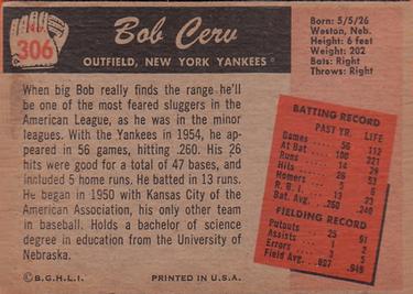 1955 Bowman #306 Bob Cerv Back