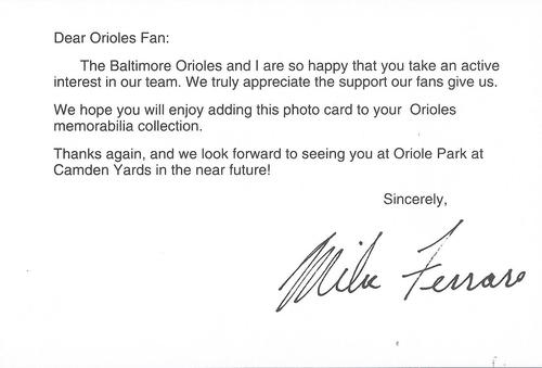 1993 Baltimore Orioles Photocards #NNO Mike Ferraro Back