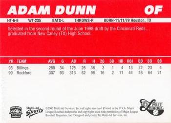 2000 Multi-Ad Midwest League Top Prospects (Unnumbered) #NNO Adam Dunn Back