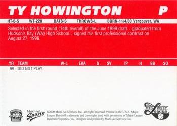 2000 Multi-Ad Midwest League Top Prospects (Unnumbered) #NNO Ty Howington Back