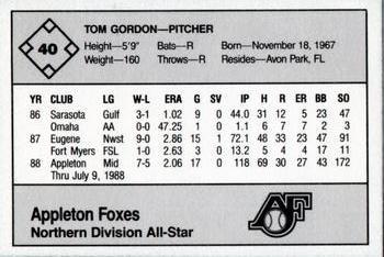 1988 Grand Slam Midwest League All-Stars - No MLB Logo #40 Tom Gordon Back