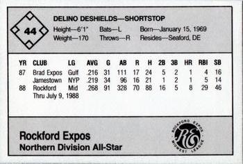 1988 Grand Slam Midwest League All-Stars - No MLB Logo #44 Delino DeShields Back