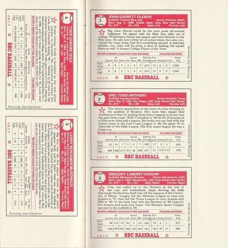 1990 Baseball Cards Presents Beginners Guide to Baseball Cards Repli-cards - Panel #1/2/3/4/5 John Olerud / Eric Anthony / Greg Vaughn / Todd Zeile / Ben McDonald Back