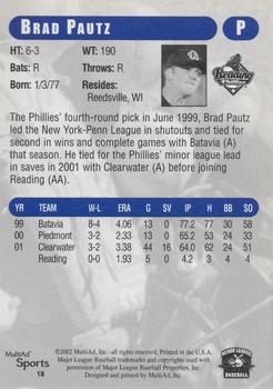 2002 MultiAd Reading Phillies Update #18 Brad Pautz Back