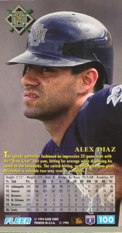 1994 Fleer Extra Bases #100 Alex Diaz Back