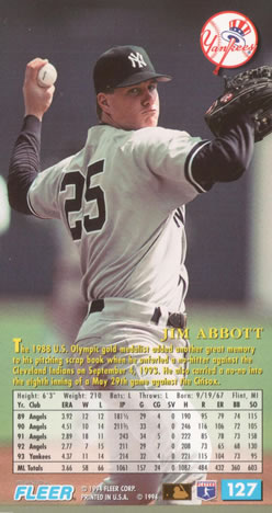 1994 Fleer Extra Bases #127 Jim Abbott Back