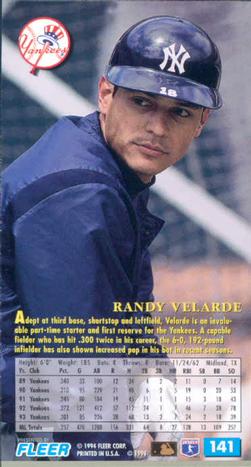 1994 Fleer Extra Bases #141 Randy Velarde Back