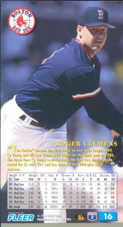 1994 Fleer Extra Bases #16 Roger Clemens Back