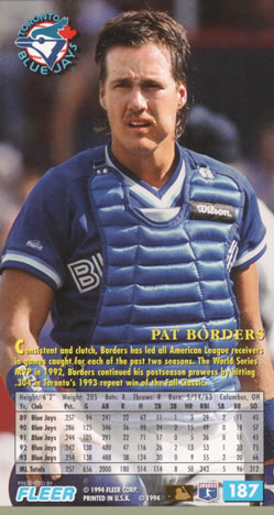 1994 Fleer Extra Bases #187 Pat Borders Back