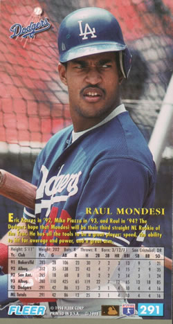 1994 Fleer Extra Bases #291 Raul Mondesi Back