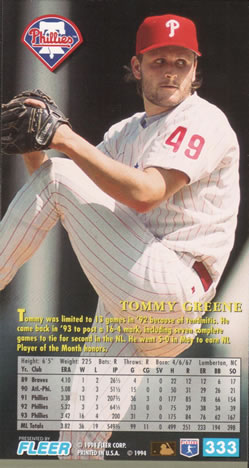 1994 Fleer Extra Bases #333 Tommy Greene Back