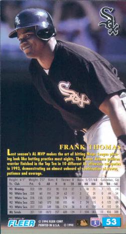 1994 Fleer Extra Bases #53 Frank Thomas Back