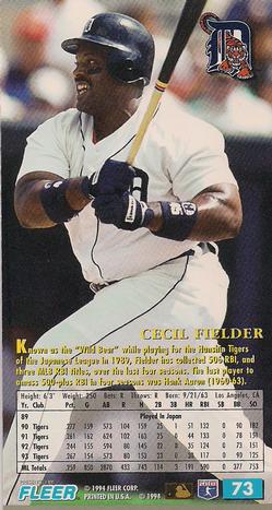 1994 Fleer Extra Bases #73 Cecil Fielder Back